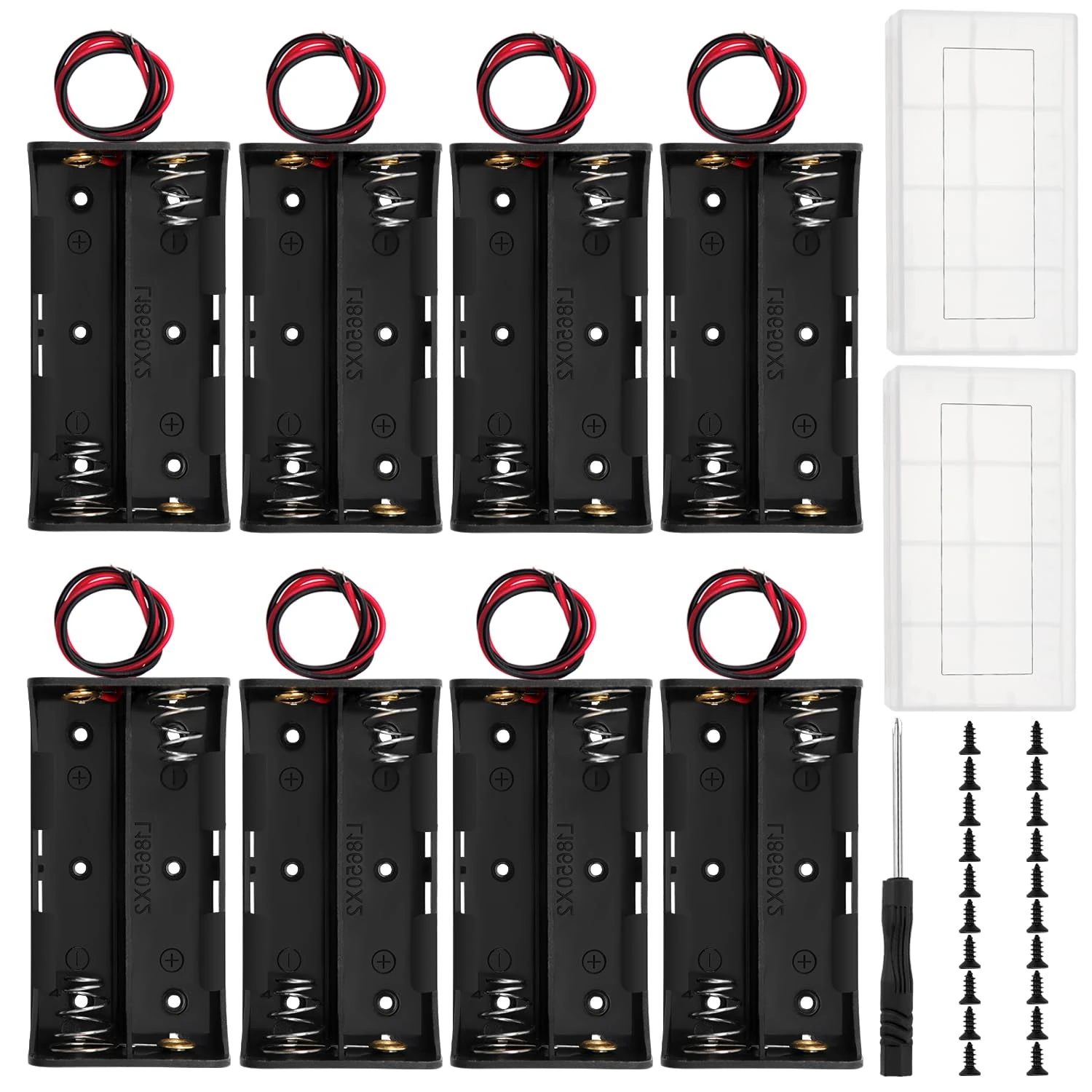 8 PCS 18650 Battery Holder, KUOQIY 2 x 3.7V Battery Holder Case with Wire Leads, with 2 PCS Plastic Battery Storage Box & Screwdrivers & Screws