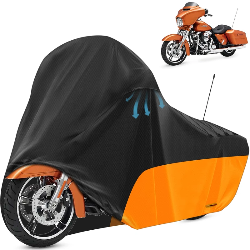 Tokept Motorcycle Cover, with Vents Dirt Bike Cover,for Different Touring Models Harley Davidson Road King,Road Glide,Street Glide,Electra Glide,Low Rider-ST (Black&Orange)
