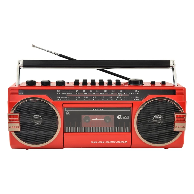 Portable Bluetooth Boombox, Retro Built-In Stereo Speaker with Cassette Player USB TF Card Play Tape Music Player Recorder 5.0 Bluetooth Speakers Radio Classic 80s Style (Color : Red)