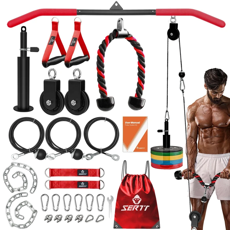 SERTT Cable Pulley System Gym, Tricep Workout Pulley System for LAT Pulldown, Biceps Curl, Triceps, Shoulders, Back, Forearm Workout, Home Gym Weight Pulley System for Squat Rack, Garage, Red