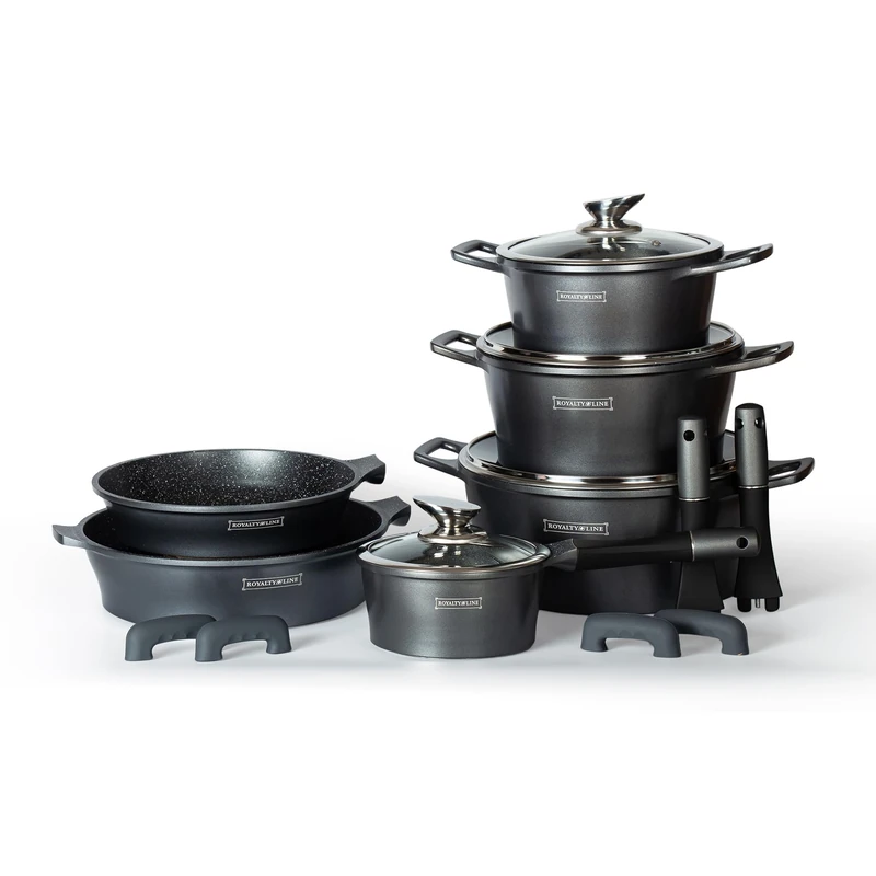 Royalty Line Saucepan Set 14 Pieces Silver – Pots Set Suitable for Induction Cookers – Cooking Pot Set & Pans with Non-Stick Coating – Aluminium Pan Set with Heat Protection Silicone Handles – Pot Set