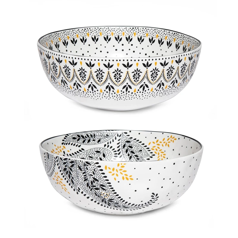 Portmeirion x Sara Miller London Artisanne Noir Set of 2 Large Bowls, 1862ml – Porcelain Serving Bowls with Gold Detailing, Black & White Patterned Tableware