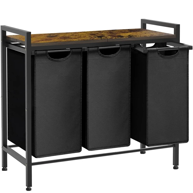 Whoonba Large Laundry Hamper Sorter with 3 Removable & Pull-Out Sorting Bags, Wooden Top Shelf, Versatile Laundry Basket Organizer for Laundry Room, Bathroom, Dorm, 8 * 3 Gal, Black