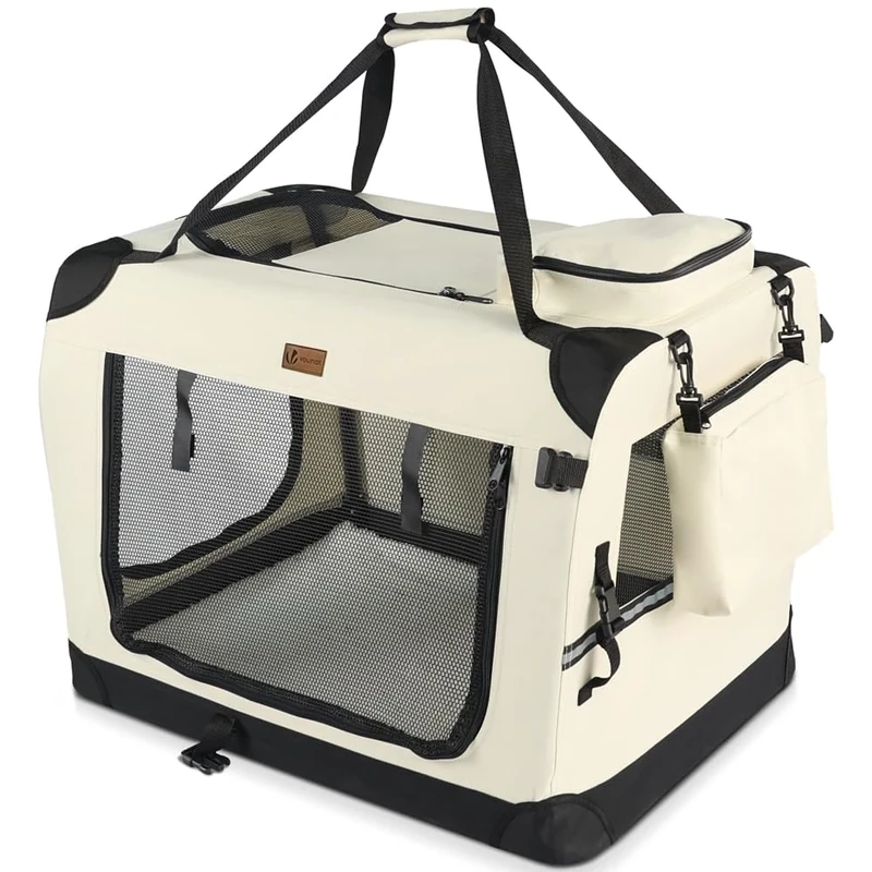 VOUNOT® Dog Carrier XL, Foldable Pet Travel Transport Bag, Extra Large Portable Fabric Dog Crate w/Cushion, Beige