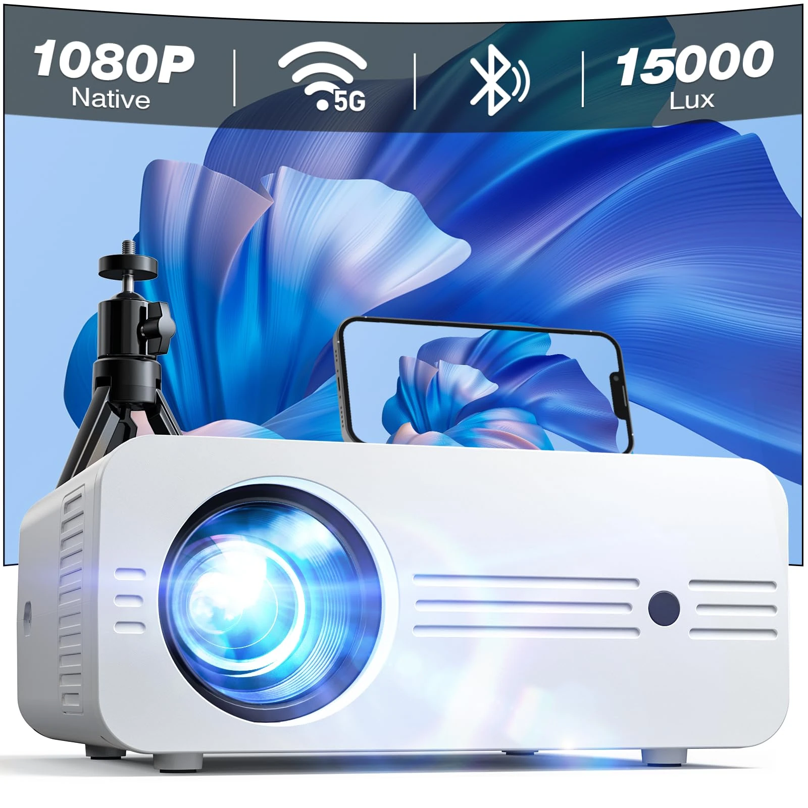Projector, 2024 Upgraded Mini Portable Projector 5G WiFi Bluetooth, 15000 Lumens Native 1080P Full HD 4K Supported, iZEEKER Movie Projector Home Theatre for iOS Android PS5 (Bag & Tripod included)