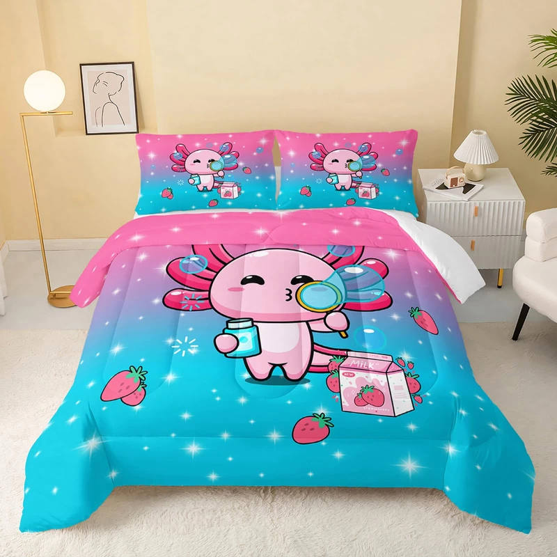 QOOMO Kawaii Axolotl Comforter,Pink Salamander Comforter Set for Kids Teens Girls,3Pcs Bedding Set Printed Comforter with 2 Pillowcases,Down Alternative,Soft and Lightweight(Pink，Queen Size)