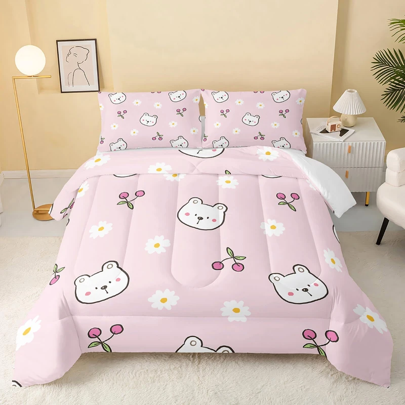 QOOMO Kawaii Bear Comforter,Pink Cherry Bear Comforter Set for Kids Teens Girls,3Pcs Bedding Set Printed Comforter with 2 Pillowcases,Down Alternative,Soft and Lightweight(Pink，Twin Size)
