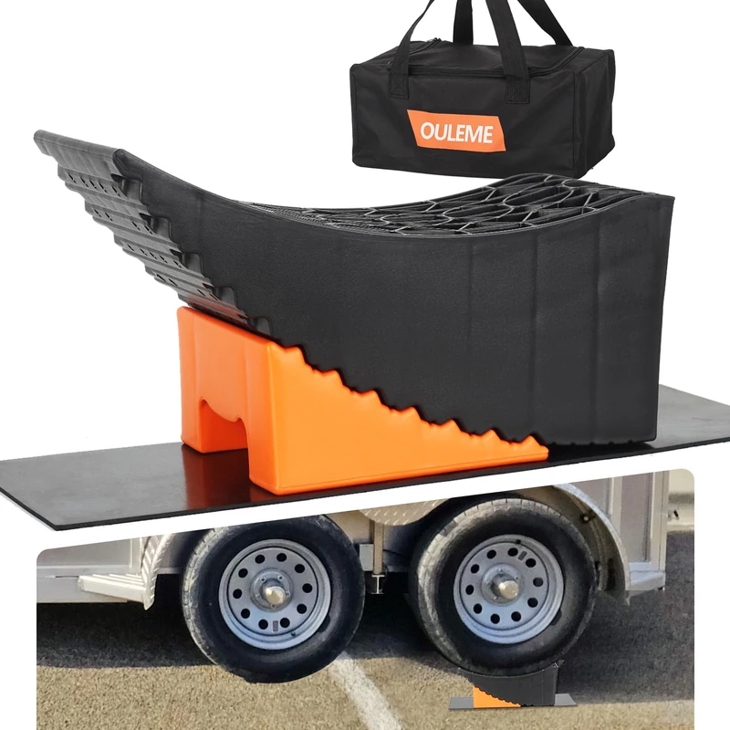 OULEME Raised Tire Change Ramp, Curved Leveling Blocks, for RV Camper Trailer Tire Lifts up to 6" with Wheel Chock, Rubber Pad, Dual Axle Tandem Wheel Aid (1 Pack) - Image 1