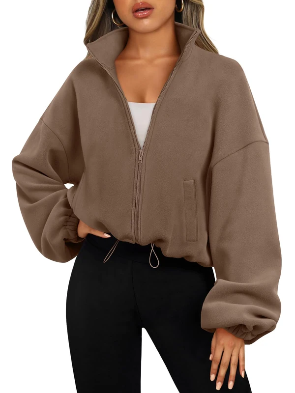 AUTOMET Womens Zip Up Hoodies Oversized Sweatshirts Fleece Jackets Long Sleeve Crop Sherpa Fall Outfits 2023, Coffee, M