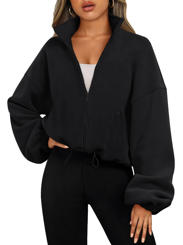 AUTOMET Womens Fleece Jackets Zip Up Oversized Sweatshirts Winter Clothes Long Sleeve Crop Sherpa Fall Outfits Fashion, Black, XL - Image 1