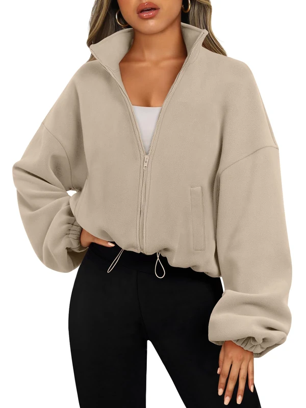 AUTOMET Womens Full Zip Hoodies Winter Fleece Jackets Sweatshirts Long Sleeve Crop Sherpa Fall Outfits 2023, Khaki, Large
