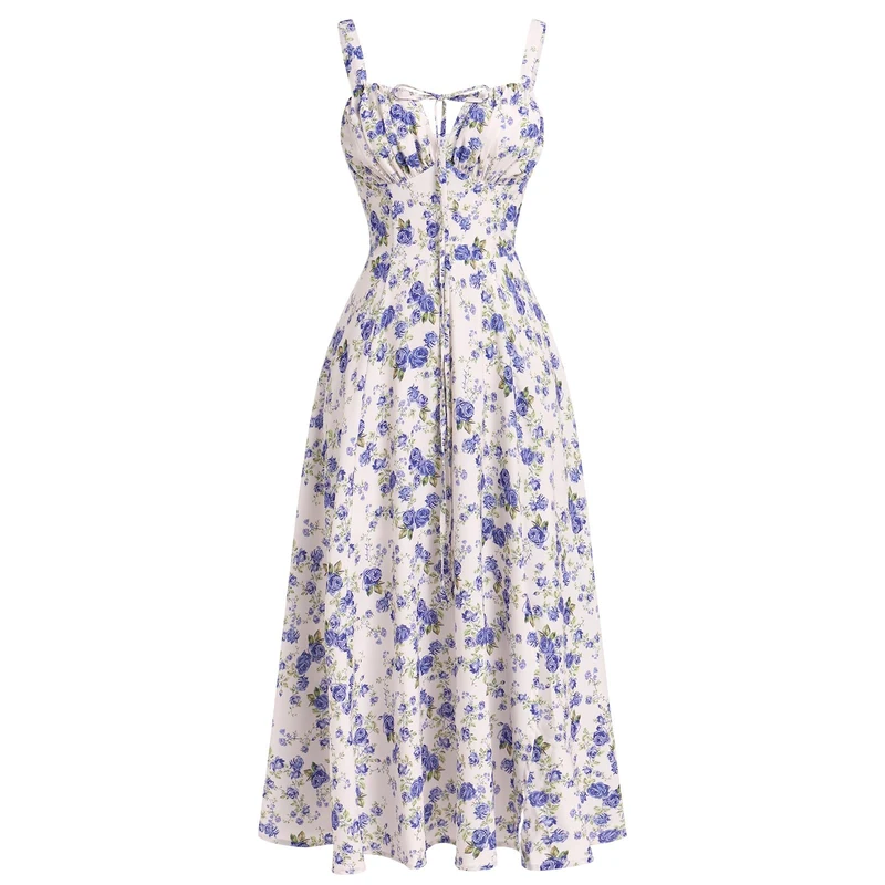 EFOGEP Women Floral Corset Dress, Boho Summer Spaghetti Straps Square Neck Casual Midi Dress Flowy Slit Bustier Dresses, White+Green Floral, S - Image 1