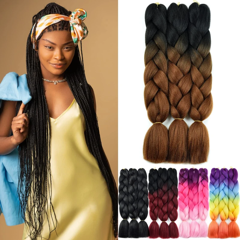 YAMEL Ombre Braiding Hair Kanekalon Braiding Hair Synthetic Hair Extensions for Braiding Crochet Twist Box Braids 24 Inch 2 Tone Ombre Black Brown 3 Packs Jumbo Braiding Hair