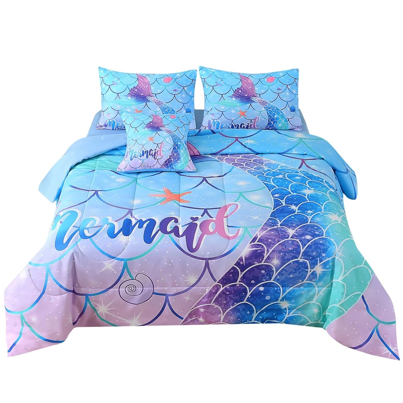 JQinHome Mermaid Comforter Set Queen Size, 6 Piece Mermaid Tail Bed in A Bag,3D Colorful Mermaid Bedding Set for Girls Kids, Sparkle Teal Bedroom Decor Bedding Set with Sheets (Blue)