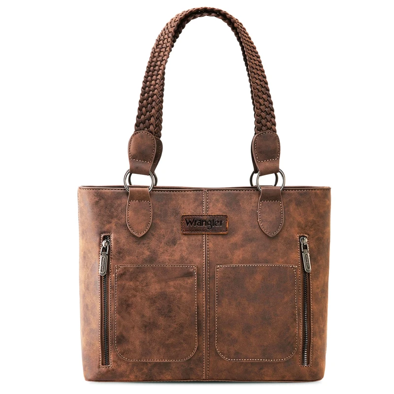 Wrangler Distressed Tote Bag for Women Western Purse Multi Pockets Handbags and Shoulder Bag, Braided-coffee Bean, One Size
