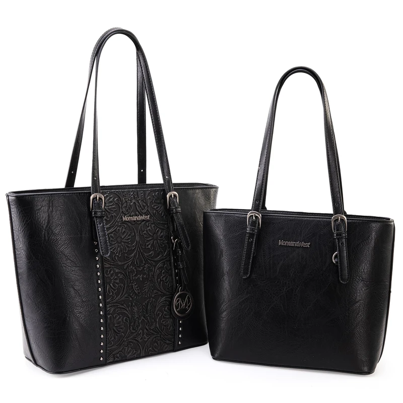 Montana West Tote Bag for Women - Large Embossed Collection Purse, 2Pcs Set - Black