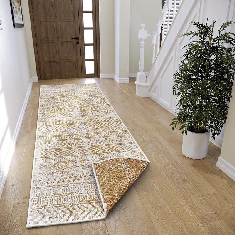 NORTHRUGS Biri Indoor & Outdoor Reversible Rug - Flat Weave, Boho Design, Oeko-Tex, Weatherproof & UV Resistant for Balcony, Patio, Garden, Ochre, 80 x 350 cm