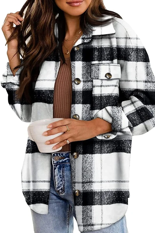 Jhsnjnr Womens Shacket Long Sleeve Shirts Tops Plaid Flannel Oversized Button Up Jackets Coats