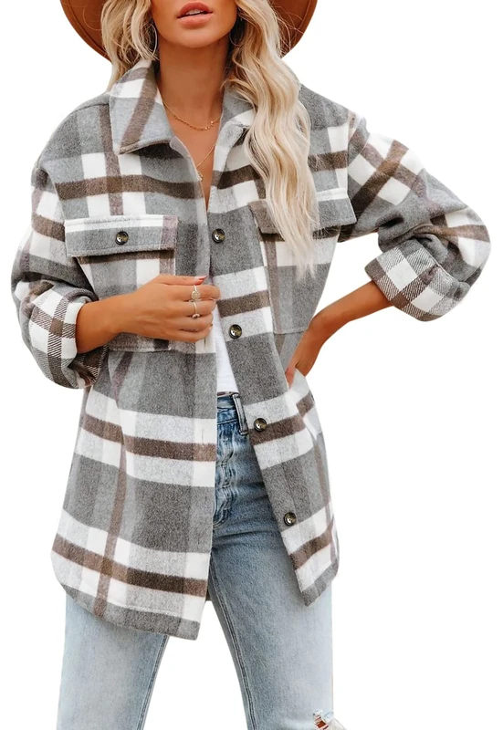 Jhsnjnr Women's Jackets Casual Long Sleeve Blouse Shirts Button Up Checked Flannel Shacket