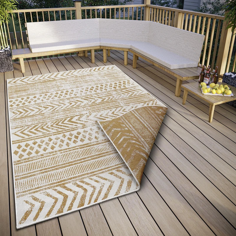 NORTHRUGS Biri Indoor and Outdoor Reversible Rug - Flat Weave, Boho Design, Oeko-Tex, Weatherproof and UV-Resistant for Balcony, Patio, Garden, Ochre, 120 x 170 cm