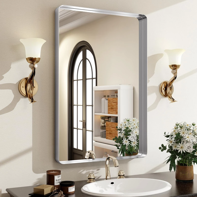 Easly Silver Bathroom Mirror for Wall, 36x24 Inch Rectangular Aluminum Alloy Framed Mirror, Modern Wall Mounted Vanity Mirror for Bathroom, Vertical or Horizontal