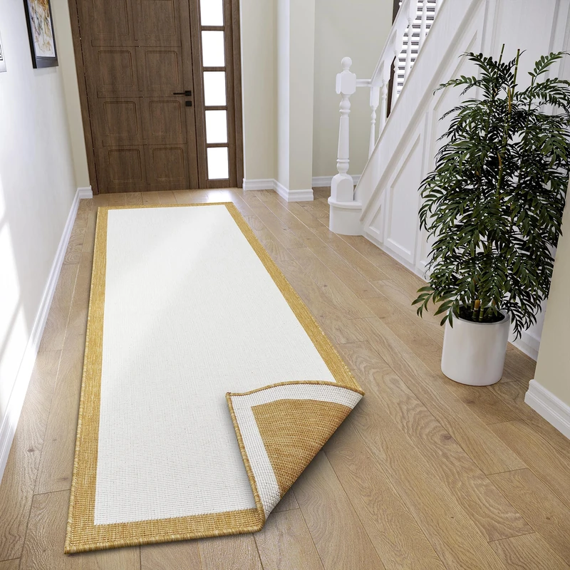 NORTHRUGS Panama Indoor & Outdoor Reversible Rug - Flat Weave, Geometric Design, Oeko-Tex, Weatherproof & UV-Resistant for Balcony, Patio, Garden, Ochre, 80 x 350 cm