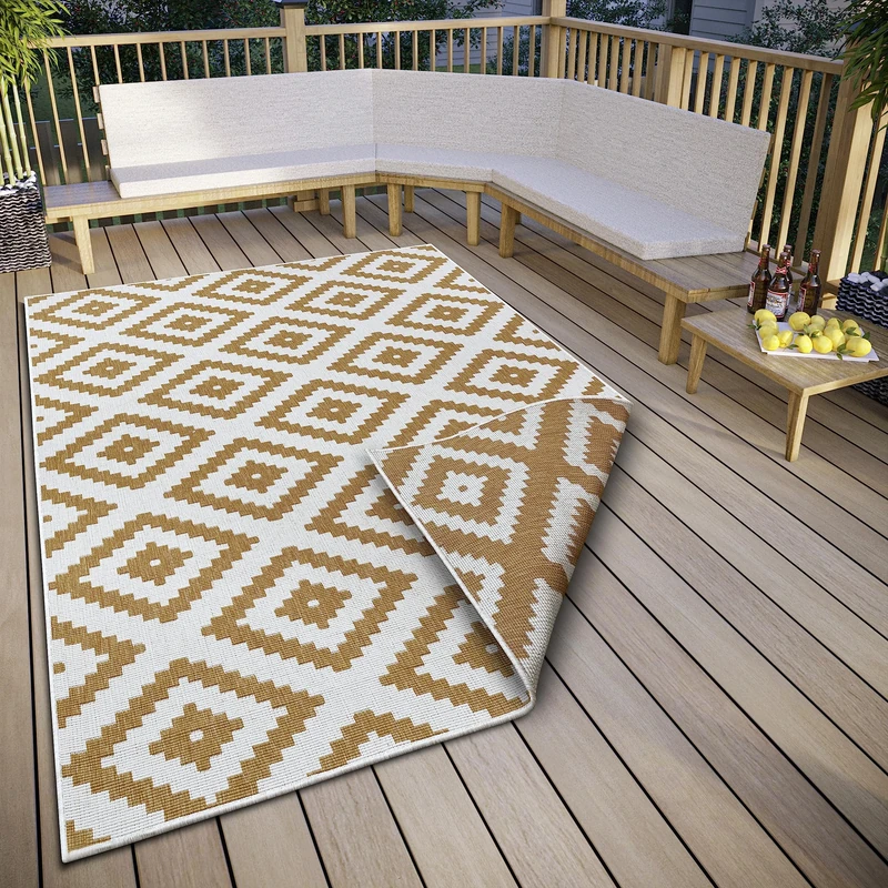 NORTHRUGS Malta Indoor and Outdoor Reversible Rug - Flat Weave, Geometric Design, Oeko-Tex, Weatherproof and UV-Resistant for Balcony, Patio, Garden, Ochre, 160 x 230 cm
