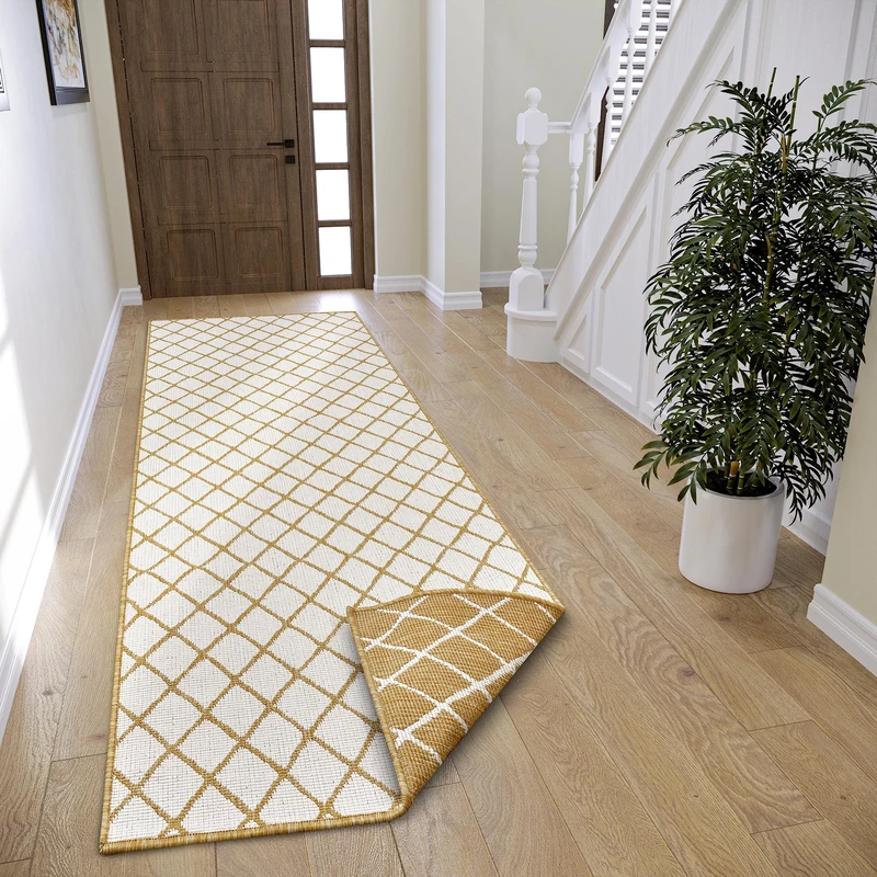 NORTHRUGS Malaga Indoor and Outdoor Reversible Rug - Flat Weave, Geometric Design, Oeko-Tex, Weatherproof and UV-Resistant for Balcony, Patio, Garden - Ochre, 80 x 350 cm