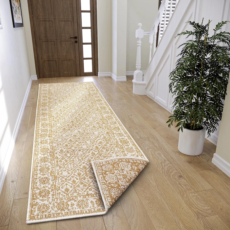 NORTHRUGS Curacao Indoor & Outdoor Reversible Rug - Flat Weave, Vintage, Border Look, Oeko-Tex, Weatherproof & UV Resistant for Balcony, Patio, Garden - Ochre, 80 x 350 cm