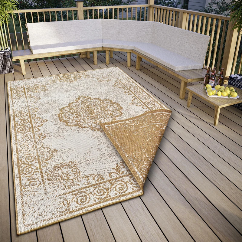 NORTHRUGS Cebu Indoor and Outdoor Reversible Rug - Flat Weave, Orient Design, Vintage, Oeko-Tex, Weatherproof and UV-Resistant for Balcony, Patio, Garden, Ochre, 160 x 230 cm - Image 1