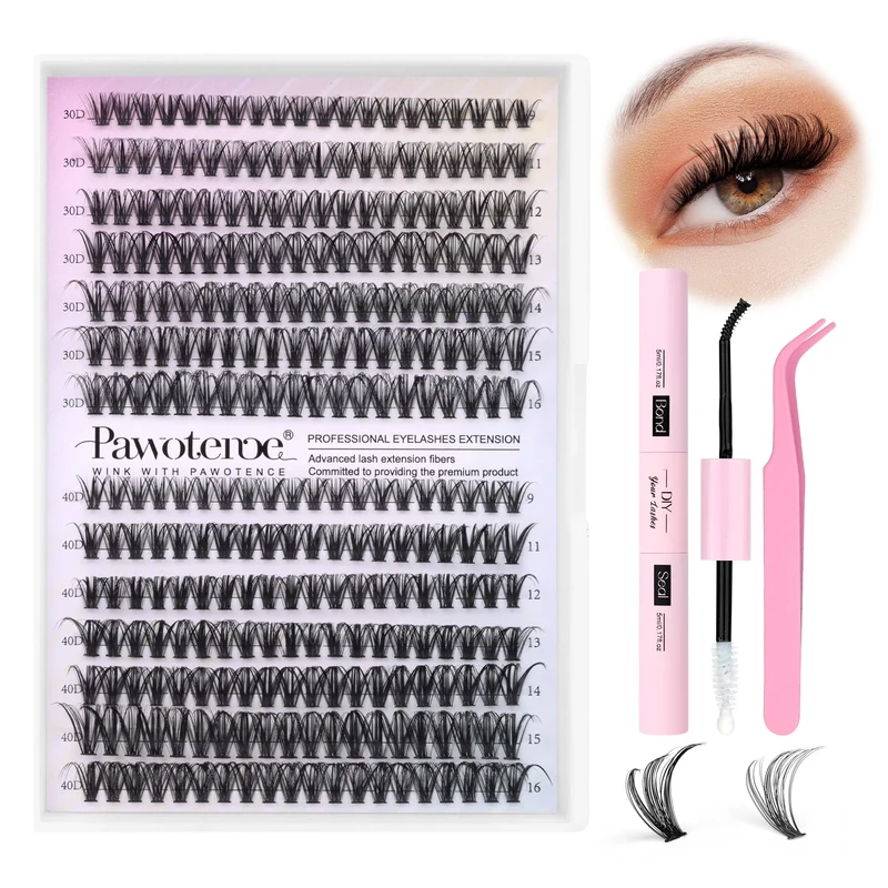 Eyelash Extension Kit 280pcs Individual Eyelashes Kit Cluster Lashes Individual Cluster 9-16mm Lash Extension Kit with Lash Bond and Seal, Lash Tweezer for Self Use (30D&40D, 9-16mm, Kit)