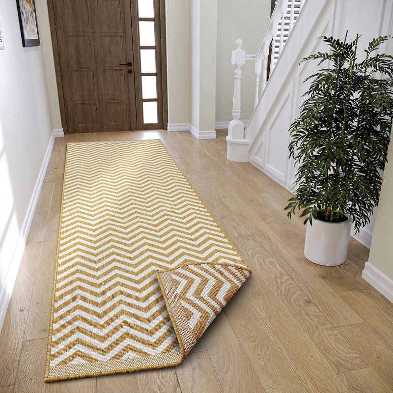 NORTHRUGS Palma Indoor and Outdoor Reversible Rug - Flat Weave, Geometric Design, Oeko-Tex, Weatherproof and UV-Resistant for Balcony, Patio, Garden - Ochre, 80 x 250 cm - Image 1