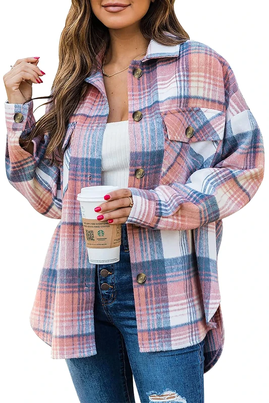 Jhsnjnr Womens Shacket Lapel Button Up Checked Shirts Oversized Long Sleeve Flannel Plaid Jacket