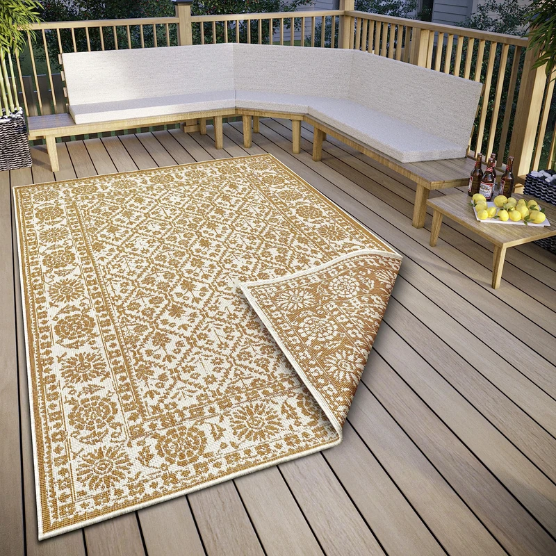 NORTHRUGS Curacao Indoor & Outdoor Reversible Rug - Flat Weave, Vintage, Border Look, Oeko-Tex, Weatherproof & UV Resistant for Balcony, Patio, Garden - Ochre, 120 x 170 cm
