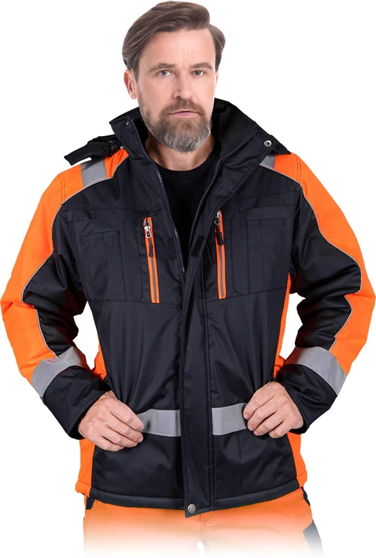 L.Hollman LH-ASKER Protective Jacket - Durable Polyester Coat, Removable Hood, Multiple Pockets, Enhanced Visibility, Color: Navy Blue-Orange, Size XL