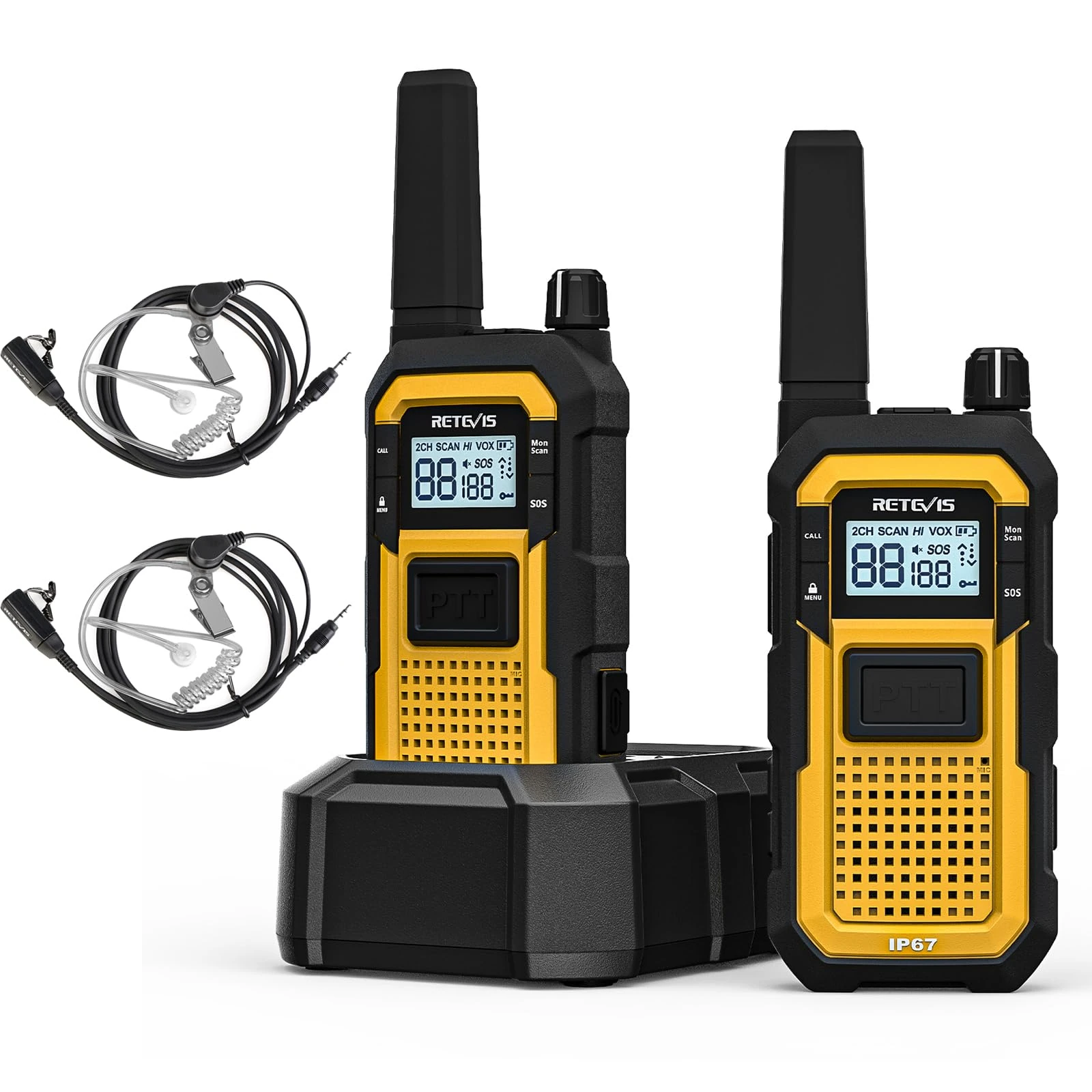 Retevis RB648 Walkie Talkies Waterproof, Heavy Duty Walkie Talkies, Advanced Triple Proof, IP67 VOX Dual PTT, SOS Vibration, 2000mAh 2 Way Radio with Earpiece for Construction Site (2 Pcs, Yellow)