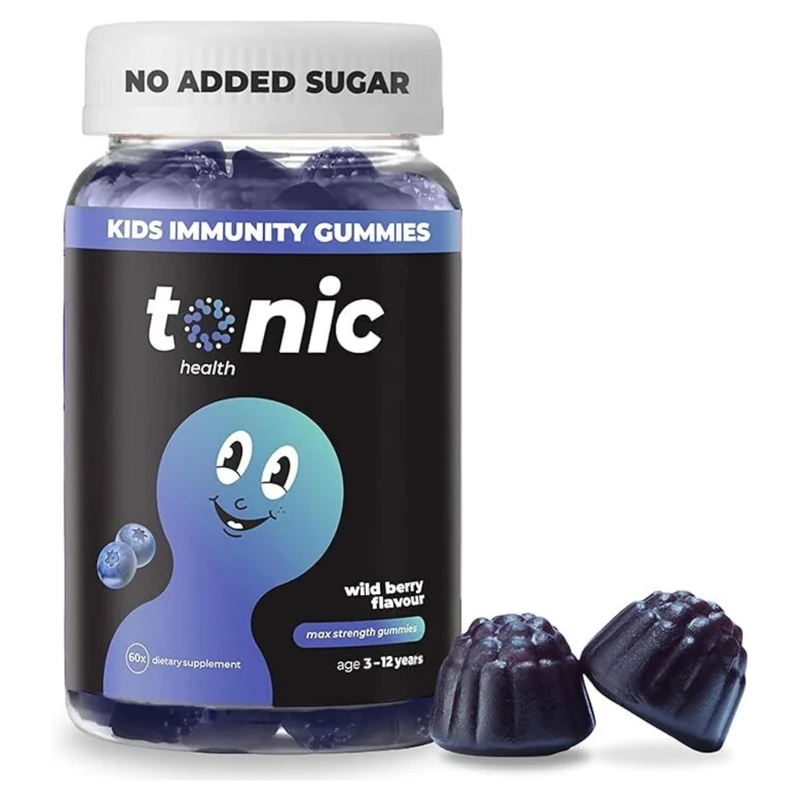 Tonic Health Kids Immunity Gummies - 7 in 1, Elderberry Gummies, No Added Sugar, No Sweeteners, Vitamins C, D and Zinc, Wild Berry Flavour, Month Supply (60 Count), Ages 3-12, Vegan.