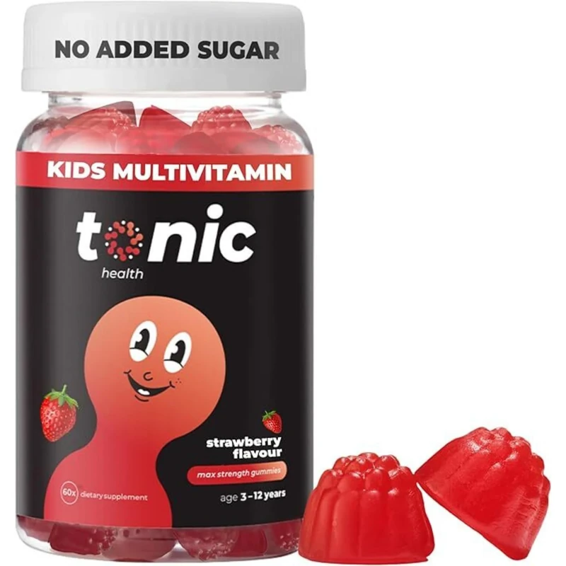 Tonic Health Kids Vitamins Gummies - 14 in 1 Kids Multivitamin with Vitamins A, C, D, E and Zinc, Strawberry Flavour, Month Supply (60 Count), Ages 3-12, No Added Sugar, No Sweeteners, Vegan