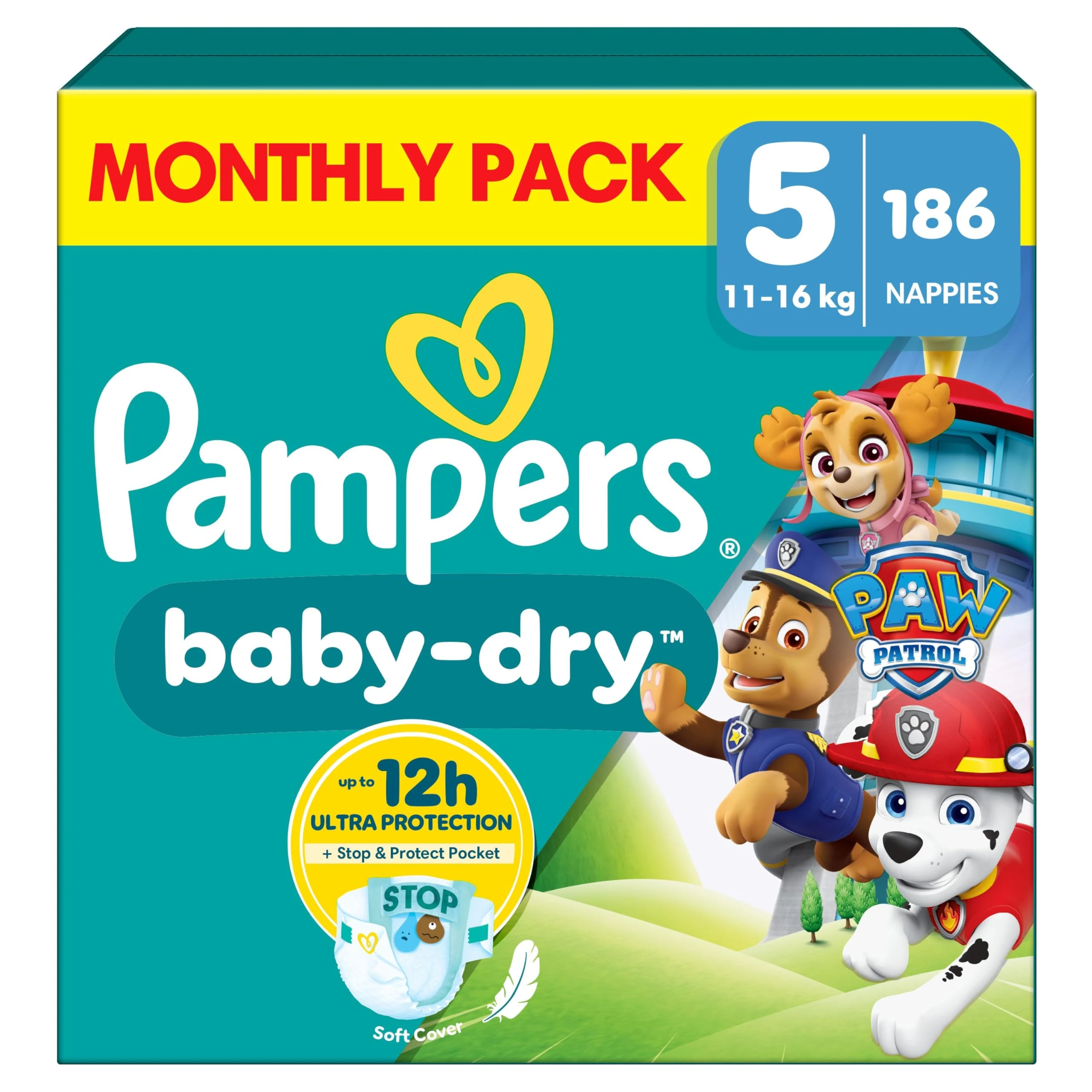 Pampers Baby-Dry Paw Patrol Edition Size 5, 186 Nappies, 11kg-16kg, Monthly Pack, Up to a 100% Leak-Free & Comfortable Night