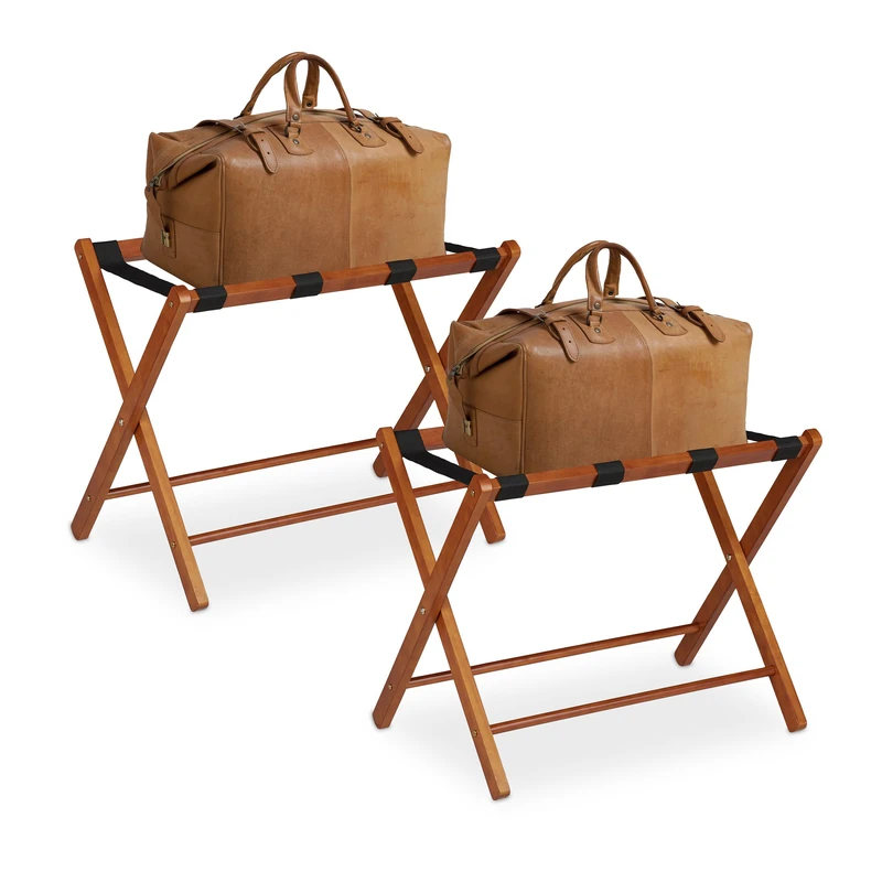 Relaxdays Luggage Stand, Wooden, 2x Set, Suitcase Holder, Iron Tidy, Folding, HxWxD: 54x66x48cm, Hotel, Storage, Natural