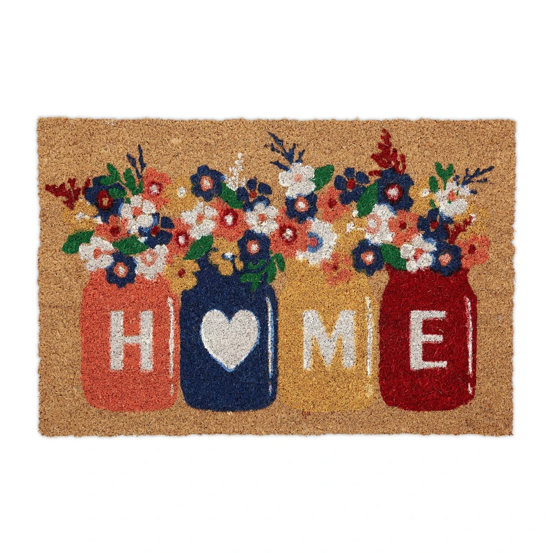 Relaxdays Coir Doormat, Floral Vases, Non-Slip Welcome Mat, 60 x 40 cm, Weatherproof, Indoor & Outdoor, Multicoloured