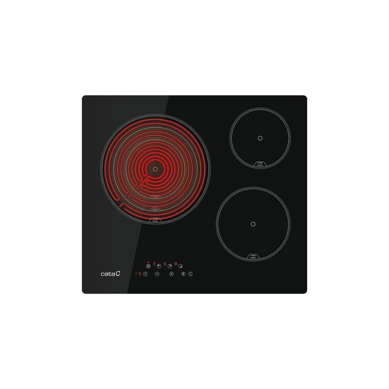 Cata TT 6003 glass ceramic hob with 3 high light cooking zones. 9 adjustable power levels. Width 59 cm. Total power 5.7 kw. Black finish.