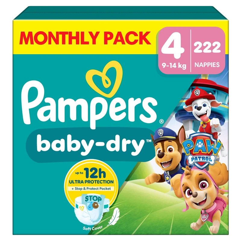 Pampers Baby-Dry Paw Patrol Edition Size 4, 222 Nappies, 9kg-14kg, Monthly Pack, Up to a 100% Leak-Free & Comfortable Night