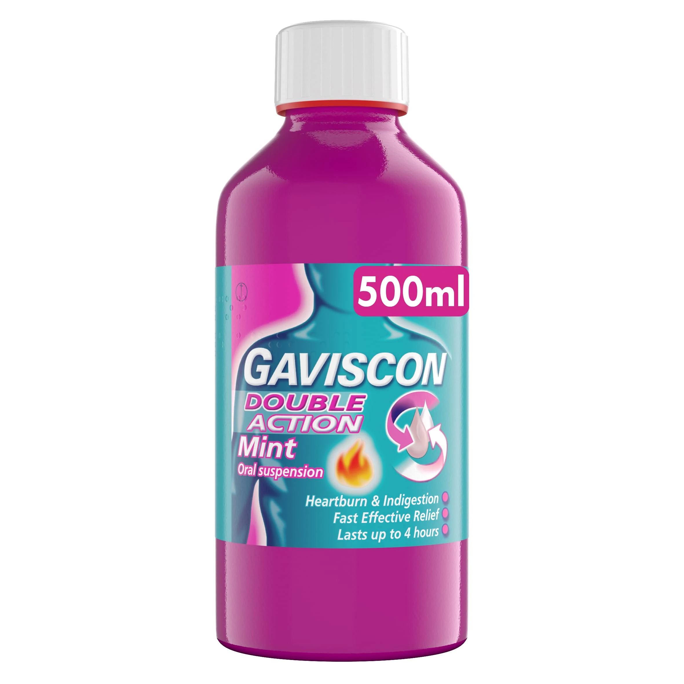 Gaviscon Double Action Mint Liquid 500ml - Heartburn & Acid Reflux Relief, Fast-Acting Formula, Protective Barrier, Long-Lasting Comfort, Suitable for Pregnancy, Digestion and Nausea