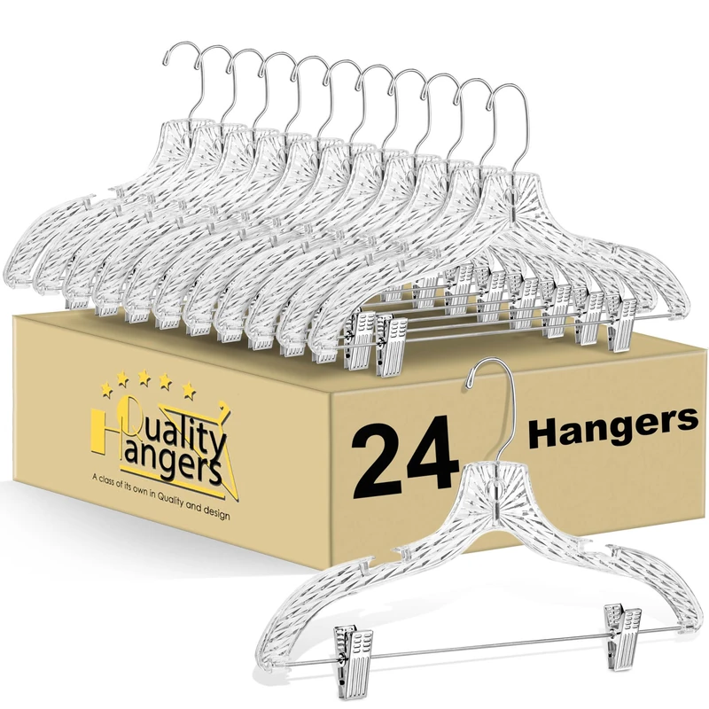Quality Hangers Clear Plastic Pants & Skirts Hangers 24 Pack - Crystal Cut Design - Space Saving & Slim - 17" inch