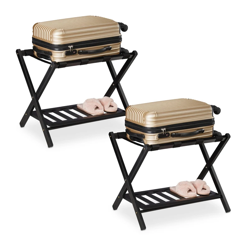 Relaxdays Luggage Stand, Wooden, 2X Set, Suitcase Holder, 2 Shelves, Folding, HxWxD: 54x66x45cm, Hotel, Storage, Black, 54 x 66 x 45 cm