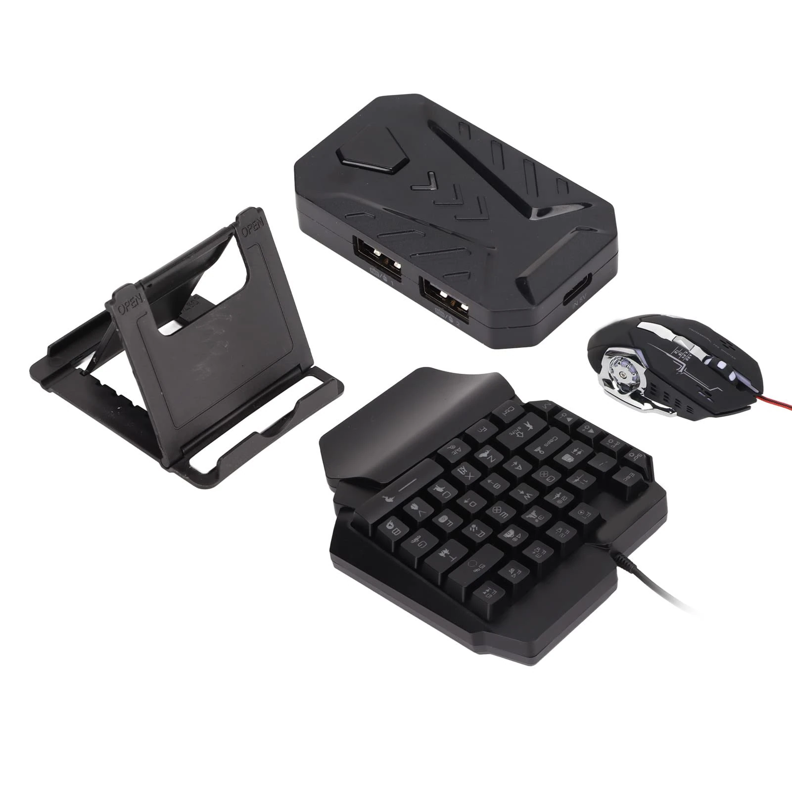 One Hand Gaming Keyboard and Mouse Combo, Wired RGB LED Backlit Gaming Keyboard and Mouse Set Adapter Converter for Android and IOS, with Phone Holder