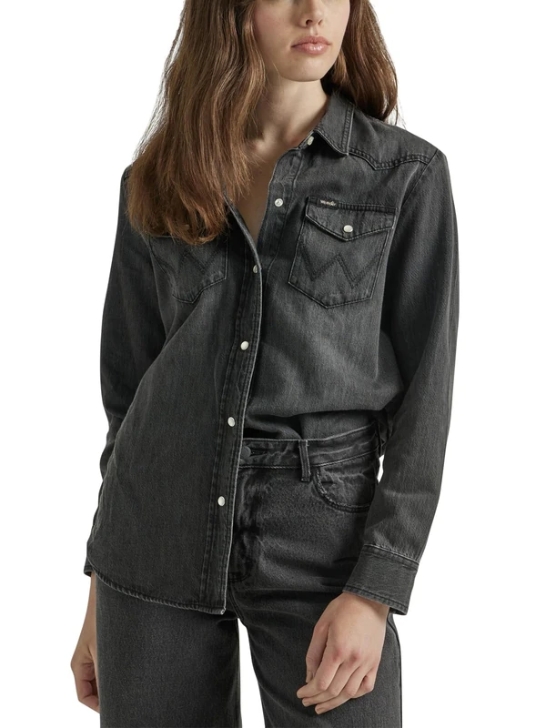 Wrangler Women's Boyfriend Denim Snap Closure Shirt, Nashville, M