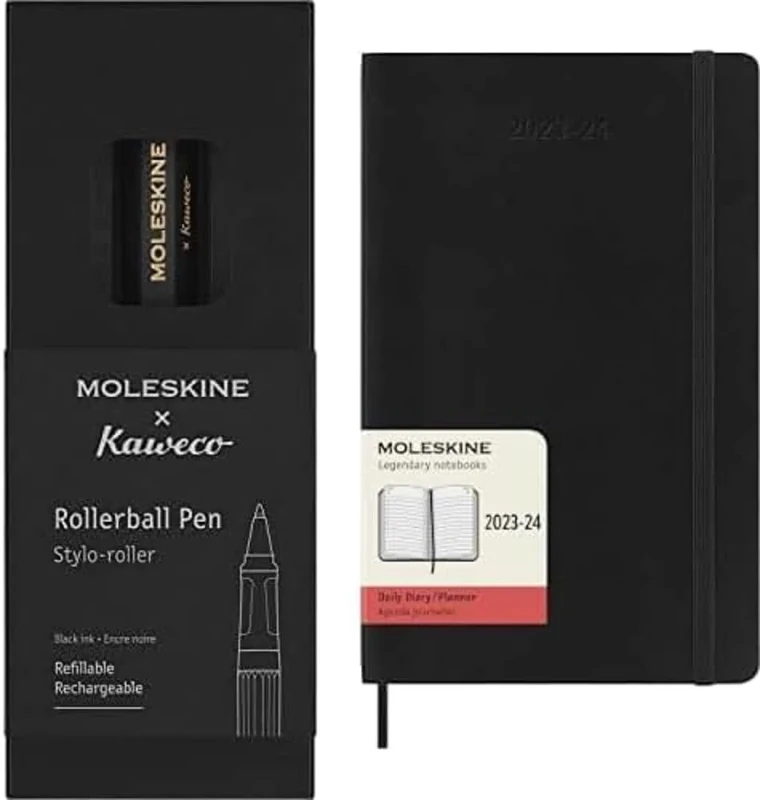 Moleskine x Kaweco Rollerball Refillable Pen in ABS plastic for Writers, Note-takers, Refill 0.7 mm Daily Planner Diary 2023-2024, 18-Months Agenda