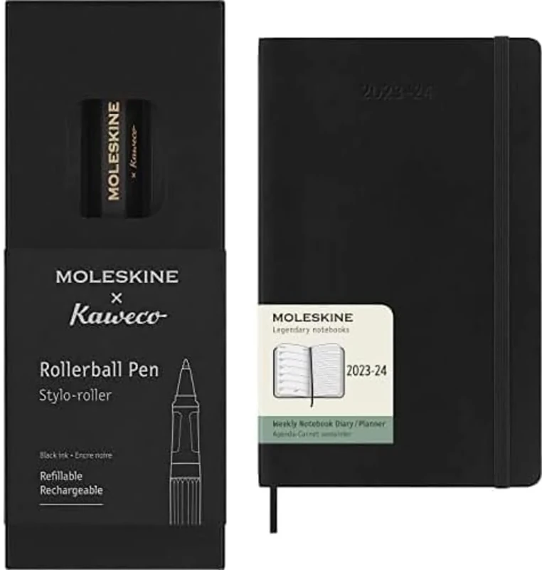 Moleskine x Kaweco Rollerball Refillable Pen in ABS plastic for Writers, Note-takers, Refill 0.7 mm Weekly Planner 2023-2024, 18-Month Agenda, Academic Diary, Weekly Diary